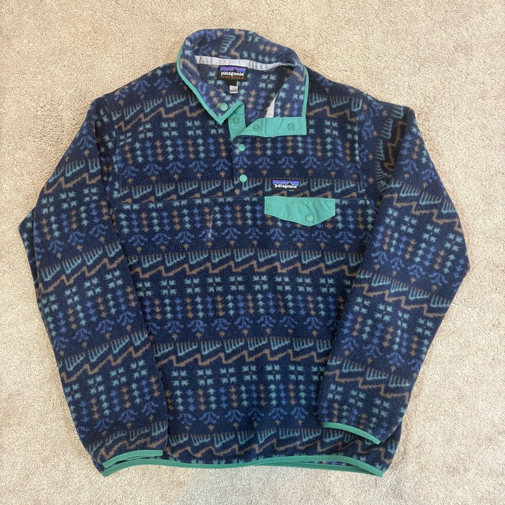 Patagonia Micro D Snap T Fleece Geometric Aztec Pullover Jumper Large Bergy Bits